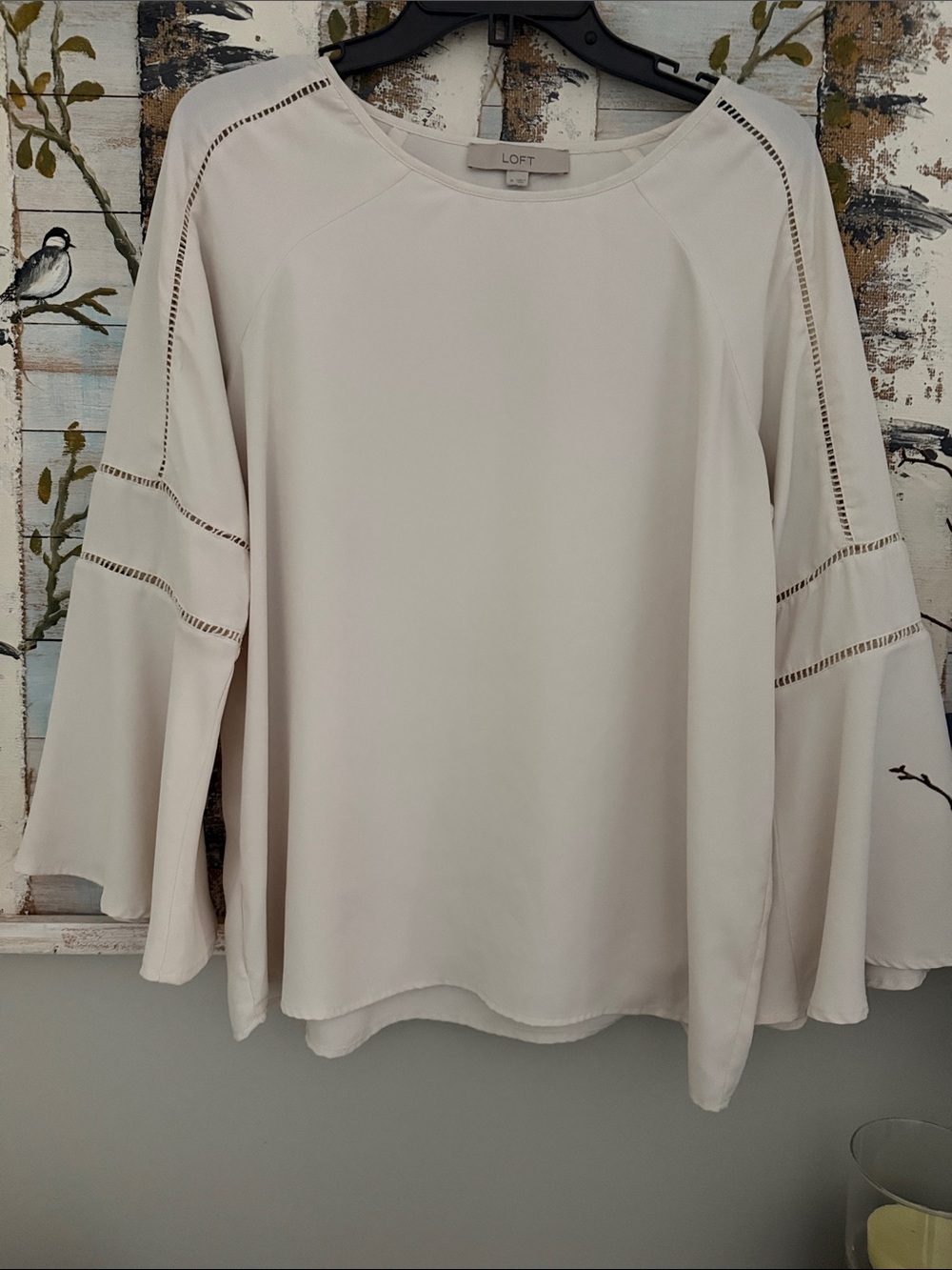 LOFT Cream Long-Sleeve Blouse with Open Ladder Stitch Sleeves
